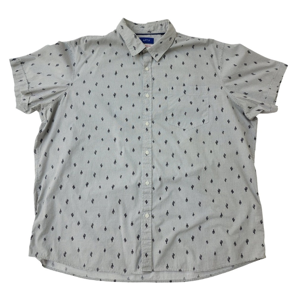 Apt 9 Mens XXL Short Sleeve Button Down Shirt Cactus Print HeiQ Smart Temp Gray